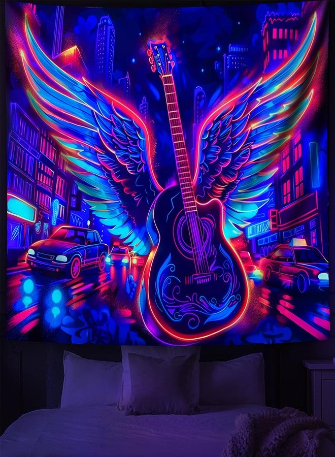 TUGCAY Blacklight Guitar Wing Tapestry UV Reactive Rock Music Tapestry Punk City Car Building Street Wall Hanging Tapestries for Bedroom Dorm Living Room Decor 50" X 60" - Image 2